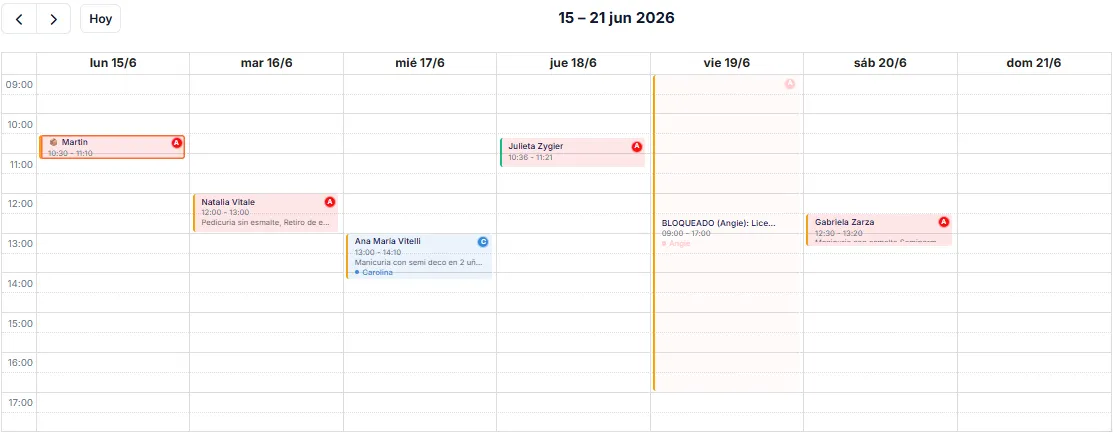 Calendario semanal de Turnoclick